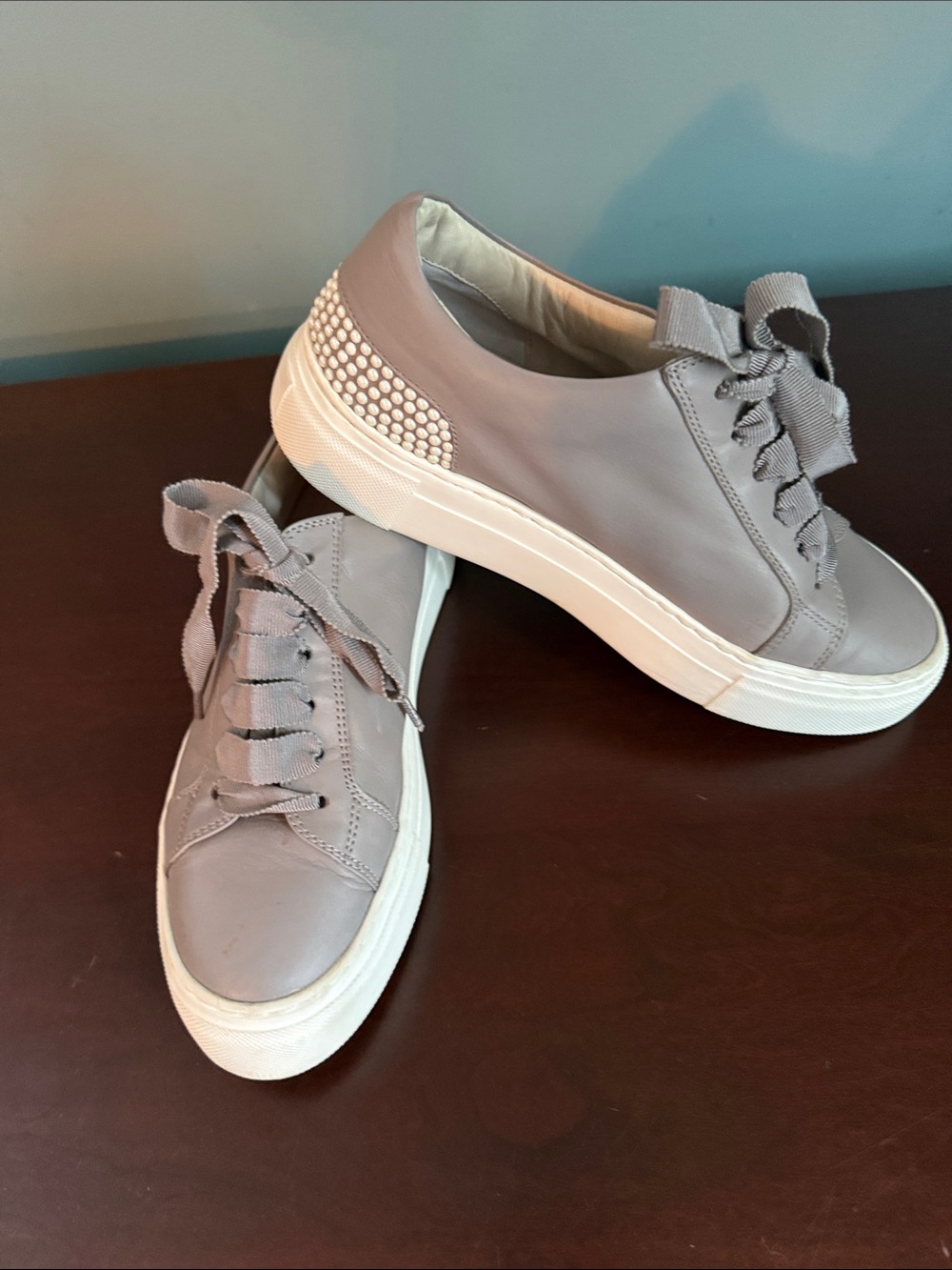 Attilio Giusti Leombruni (AGL) Gray Pearl Studded Heel Accent